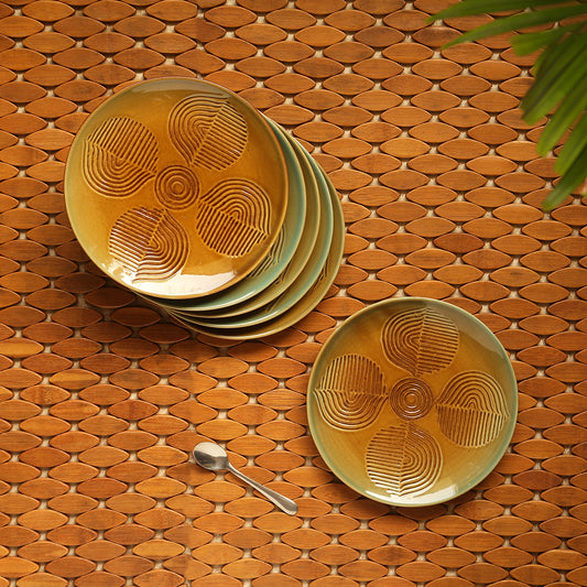 'Peacock Boulevard' Hand-Engraved Ceramic Side/Quarter Plates (Set of 6, Microwave Safe)