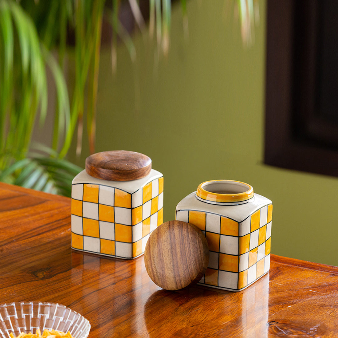 'Shatranj Checkered' Handpainted Multi-Purpose Storage Jars & Containers in Ceramic (Airtight, Set of 2, 200 ML, 4 Inch)