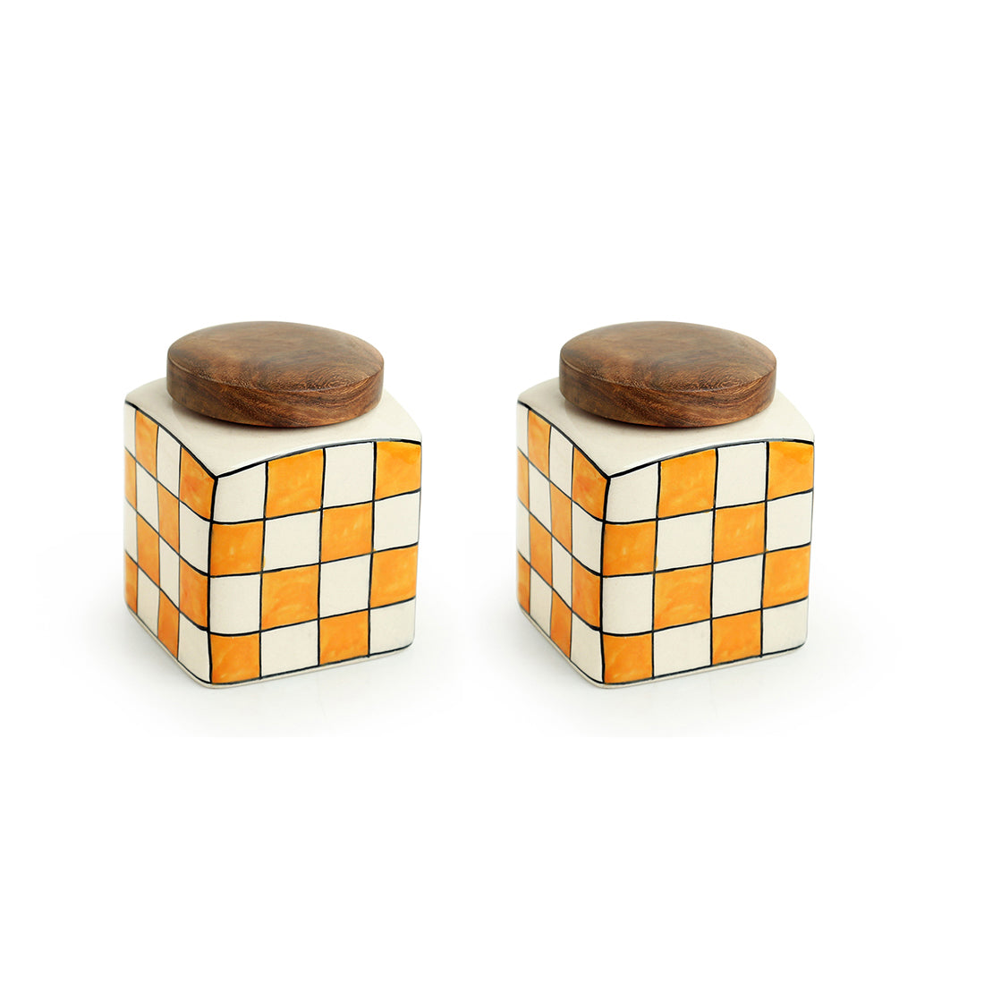 'Shatranj Checkered' Handpainted Multi-Purpose Storage Jars & Containers in Ceramic (Airtight, Set of 2, 200 ML, 4 Inch)