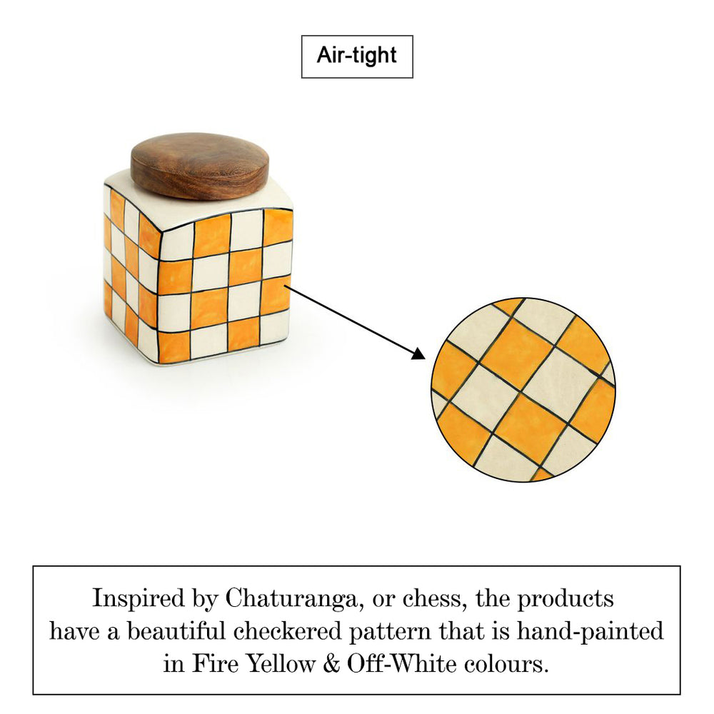 'Shatranj Checkered' Handpainted Multi-Purpose Storage Jars & Containers in Ceramic (Airtight, Set of 2, 200 ML, 4 Inch)