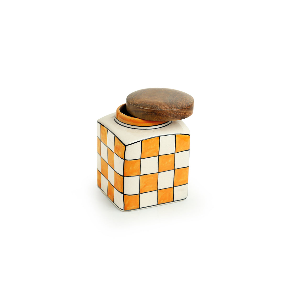 'Shatranj Checkered' Handpainted Multi-Purpose Storage Jars & Containers in Ceramic (Airtight, Set of 2, 200 ML, 4 Inch)