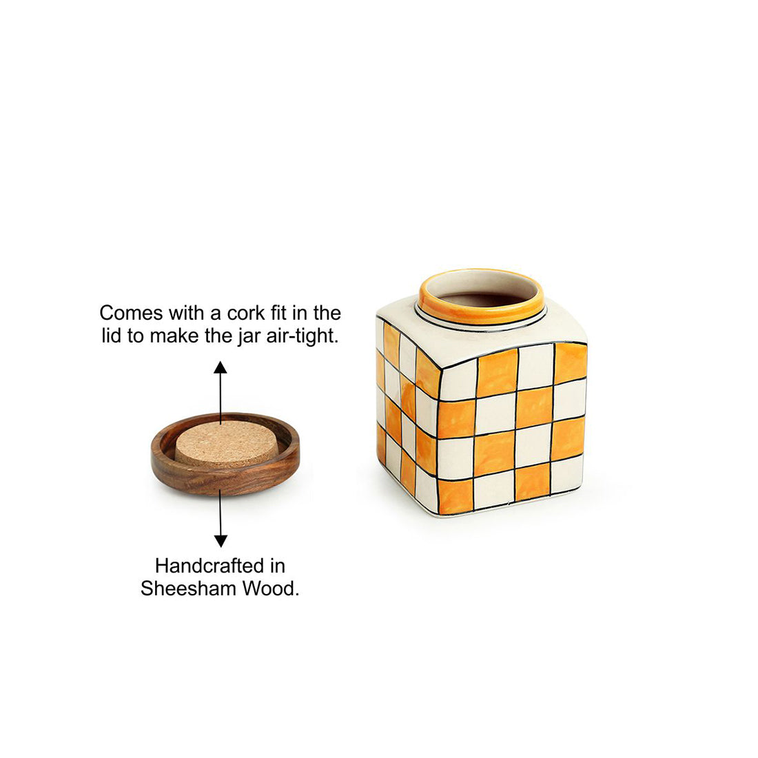 'Shatranj Checkered' Handpainted Multi-Purpose Storage Jars & Containers in Ceramic (Airtight, Set of 2, 200 ML, 4 Inch)