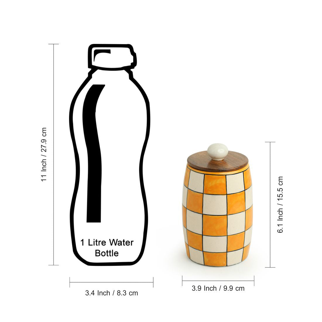 'Shatranj Checkered' Handpainted Multi-Purpose Storage Jar & Container in Ceramic (Airtight, 600 ML, 6.1 Inch)