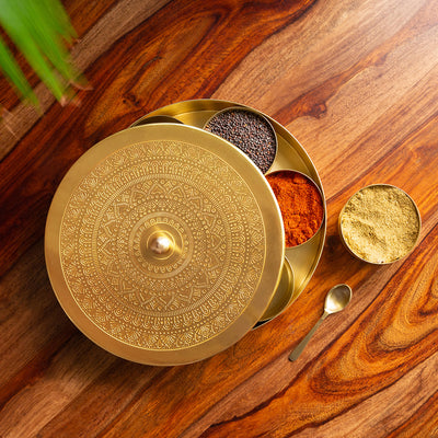 'Mandala-Etched' Handcrafted Spice Box In Brass With Spoon (7 Containers, 100 ML)