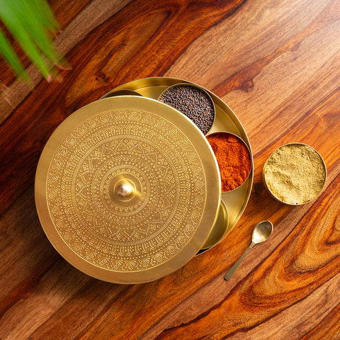 'Mandala-Etched' Handcrafted Spice Box In Brass With Spoon (7 Containers, 100 ML)