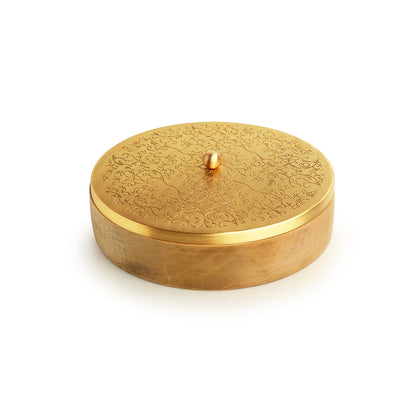 'Floral-Etched' Handcrafted Chapati Box In Brass & Mango Wood