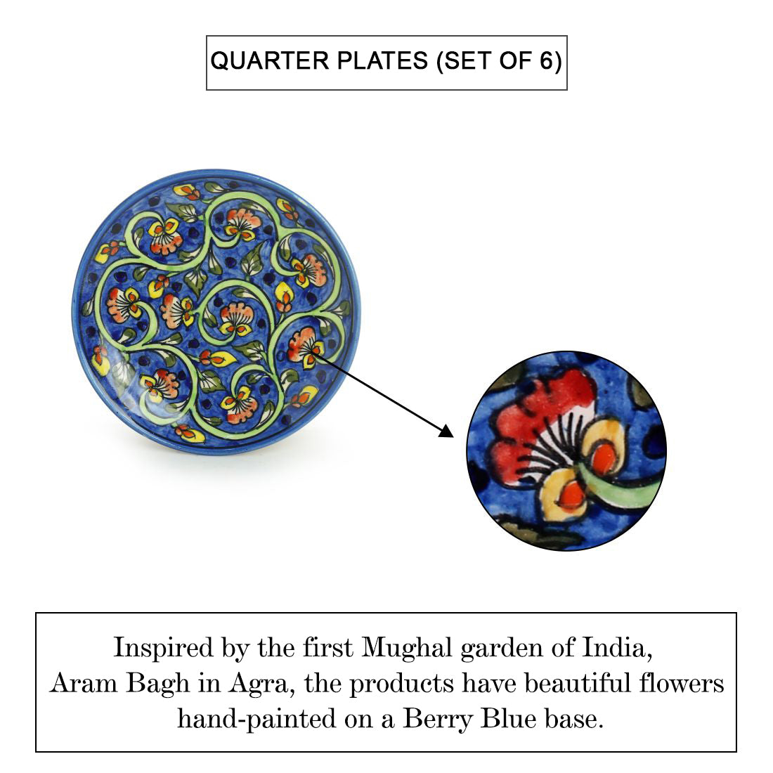 'Mughal Gardens-2' Handpainted Ceramic Side/Quarter Plates (Set of 6, Microwave Safe)