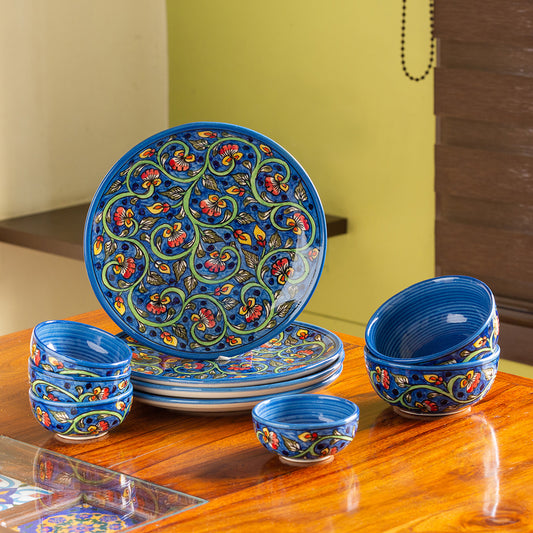 'Mughal Gardens-2' Handpainted Ceramic Dinner Plates, Serving Bowls & Dinner Katoris (10 Pieces, Serving for 4, Microwave Safe)