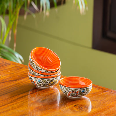 'Mughal Bagheecha' Handpainted Ceramic Dinner Bowls/Katoris (Set of 4, 160 ML, Microwave Safe)