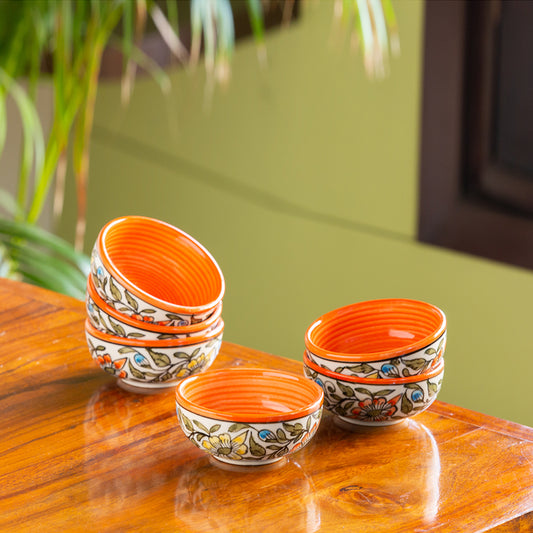 'Mughal Bagheecha'Handpainted Ceramic Dinner Bowls/Katoris (Set of 6, 160 ML, Microwave Safe)