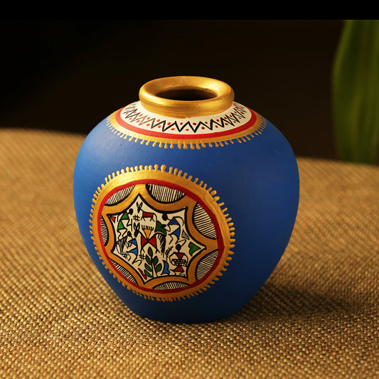 Warli Handpainted Terracotta Matki Shaped Vase In Blue (6 Inch)