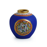 Warli Handpainted Terracotta Matki Shaped Vase In Blue (6 Inch)