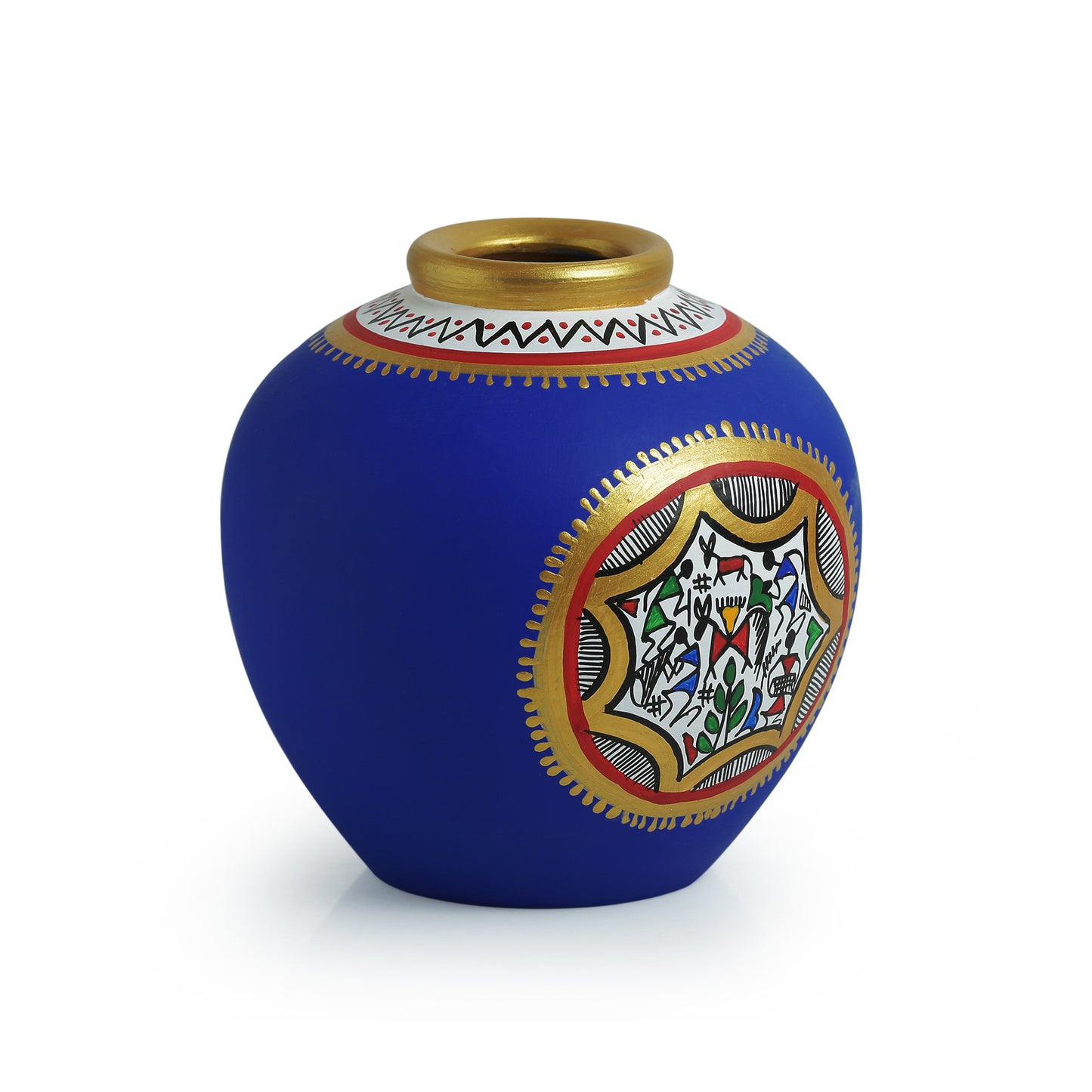 Warli Handpainted Terracotta Matki Shaped Vase In Blue (6 Inch)