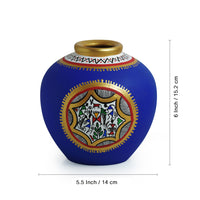 Warli Handpainted Terracotta Matki Shaped Vase In Blue (6 Inch)