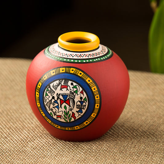 Warli Handpainted Terracotta Matki Shaped Vase In Red (6 Inch)