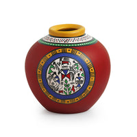 Warli Handpainted Terracotta Matki Shaped Vase In Red (6 Inch)