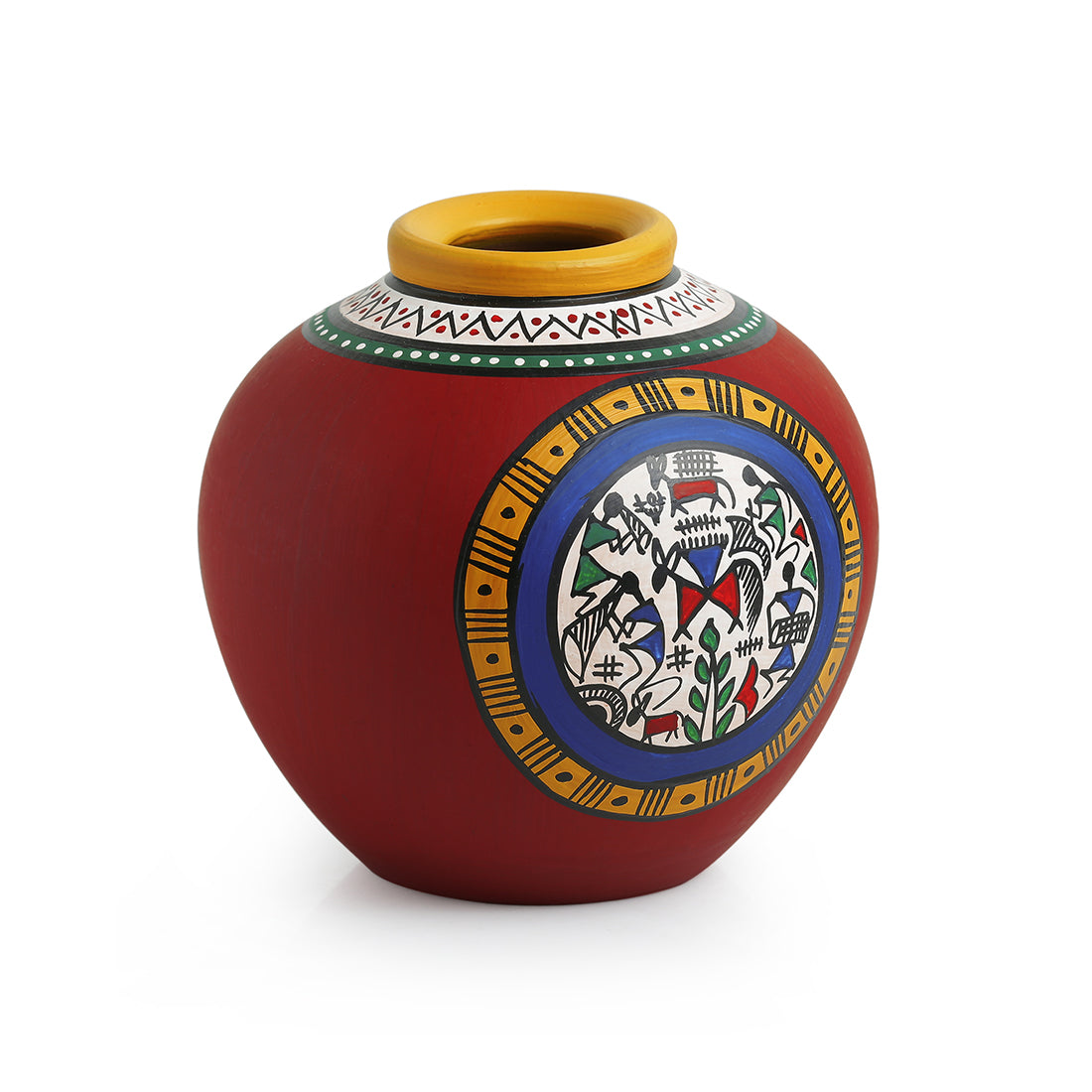 Warli Handpainted Terracotta Matki Shaped Vase In Red (6 Inch)