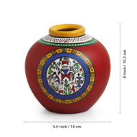 Warli Handpainted Terracotta Matki Shaped Vase In Red (6 Inch)