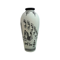 Warli Handpainted Terracotta Round Shaped Vase In White (6 Inch)