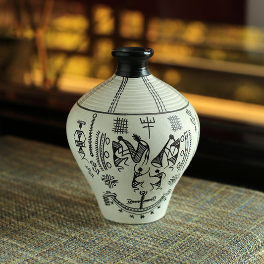 Warli Handpainted Terracotta Matki Shaped Vase In White (6 Inch)