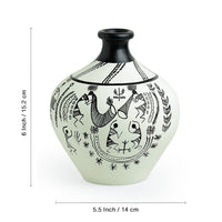 Warli Handpainted Terracotta Matki Shaped Vase In White (6 Inch)