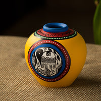 Madhubani Handpainted Terracotta Yellow Matki Shaped Vase In Yellow (6 Inch)