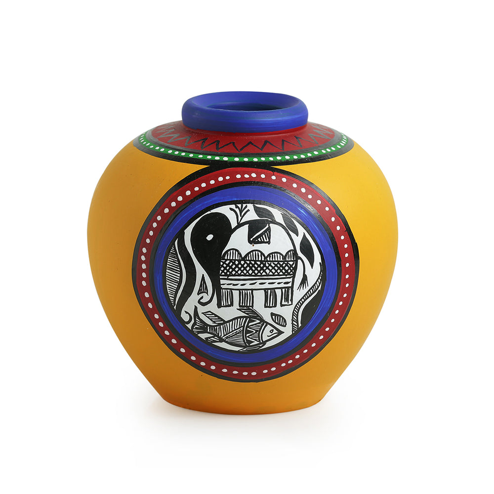 Madhubani Handpainted Terracotta Yellow Matki Shaped Vase In Yellow (6 Inch)