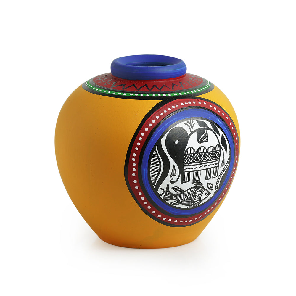 Madhubani Handpainted Terracotta Yellow Matki Shaped Vase In Yellow (6 Inch)