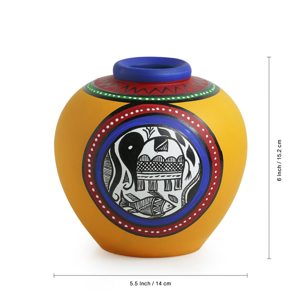 Madhubani Handpainted Terracotta Yellow Matki Shaped Vase In Yellow (6 Inch)