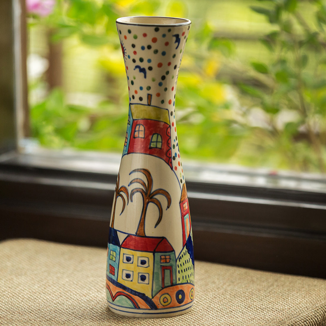 'The Hut Long-Neck' Handpainted Ceramic Vase (12 Inch)