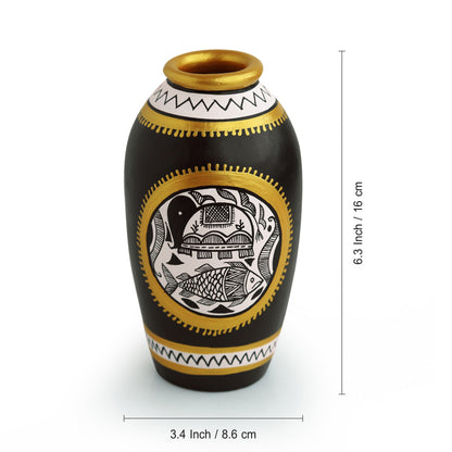 Madhubani Handpainted Terracotta 'Long & Tapered' Vase (6 Inch)