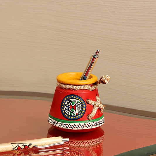 Warli Handpainted Terracotta Knitted Pen Stand In Red