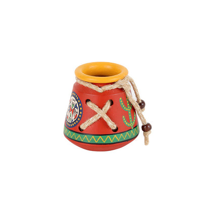 Warli Handpainted Terracotta Knitted Pen Stand In Red