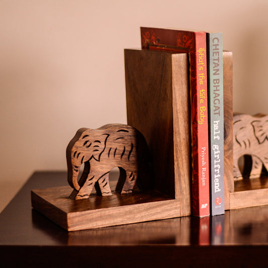 'Elephant' - Hand Carved & Engraved Sheesham Wood Bookend