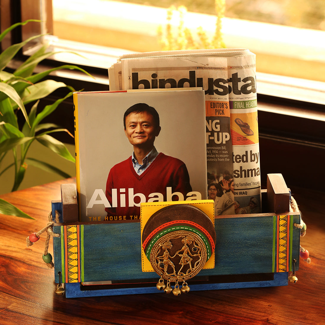 Turquoise Blue Wooden Magazine & Newspaper Stand with Dhokra Art