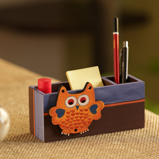 'Owl Motif' Stationery Cum Cutlery Holder In Wood (2 Partitions)