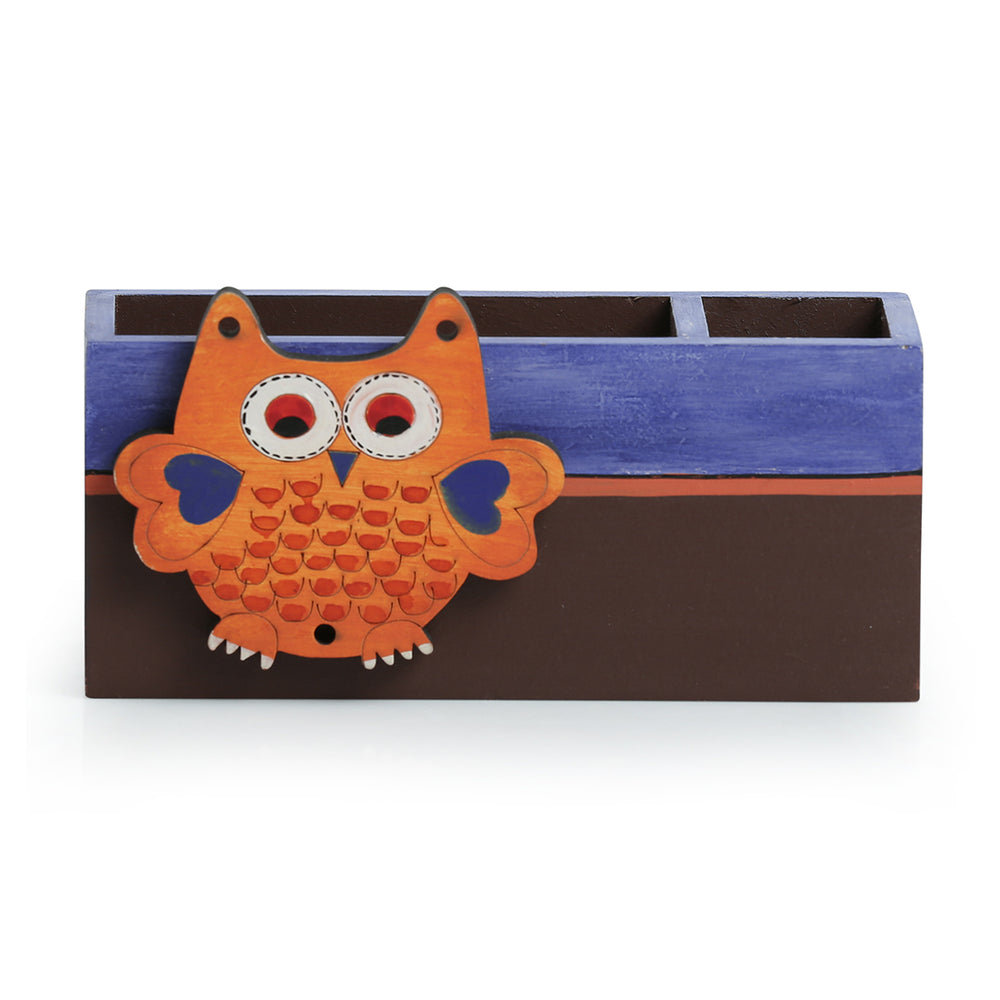 'Owl Motif' Stationery Cum Cutlery Holder In Wood (2 Partitions)