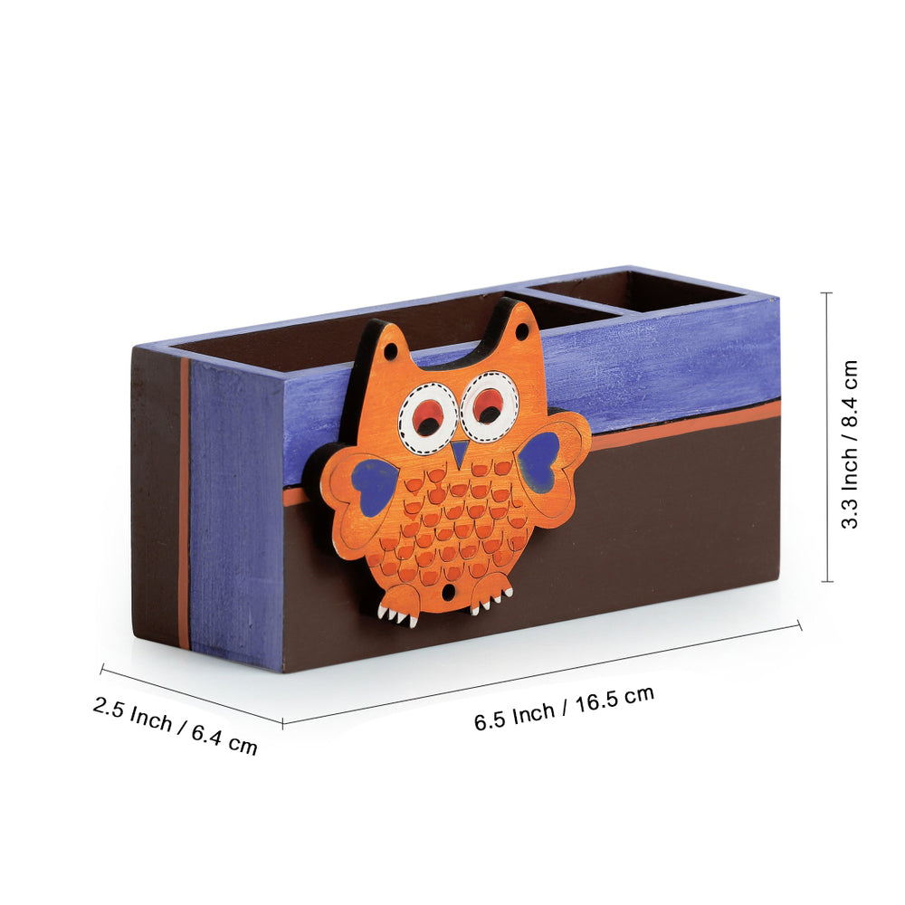 'Owl Motif' Stationery Cum Cutlery Holder In Wood (2 Partitions)