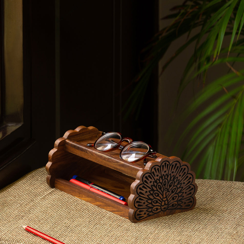 'The Dancing Peacock' Hand Carved Table Organiser in Sheesham Wood