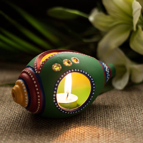 Handpainted Terracotta Shankh Shaped Table Tea Light Holder