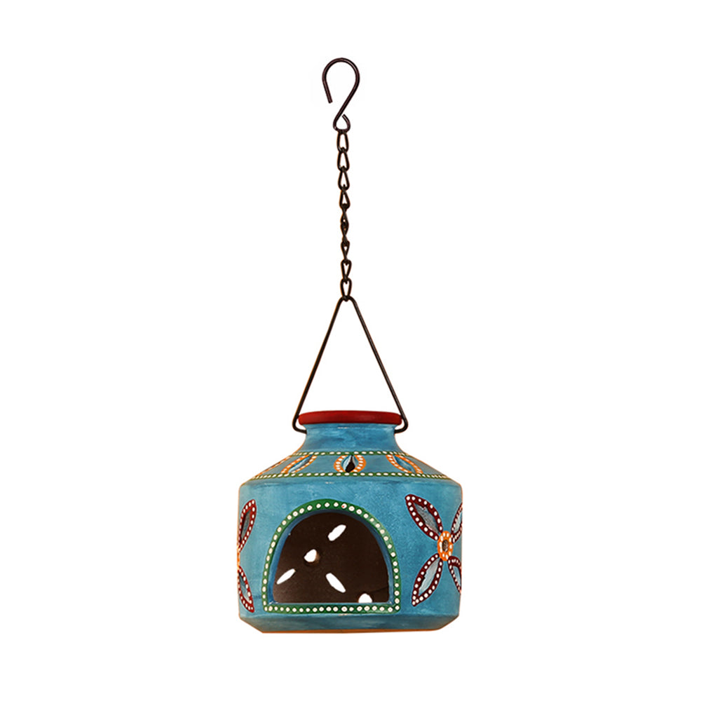 'The Glowing Matki' Handpainted Terracotta Hanging Tea Light Holder In Azure Blue