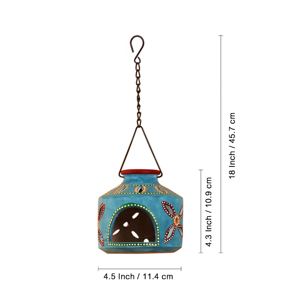 'The Glowing Matki' Handpainted Terracotta Hanging Tea Light Holder In Azure Blue