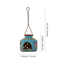 'The Glowing Matki' Handpainted Terracotta Hanging Tea Light Holder In Azure Blue