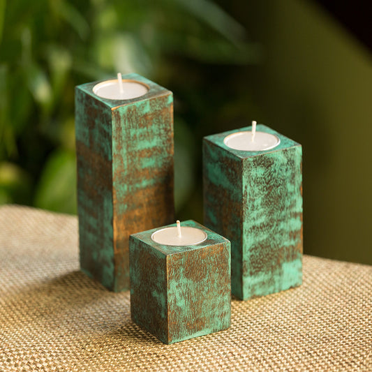 'Teal Blocks' Antique Finish Mango Wood Tea Light Holders (Set of 3)