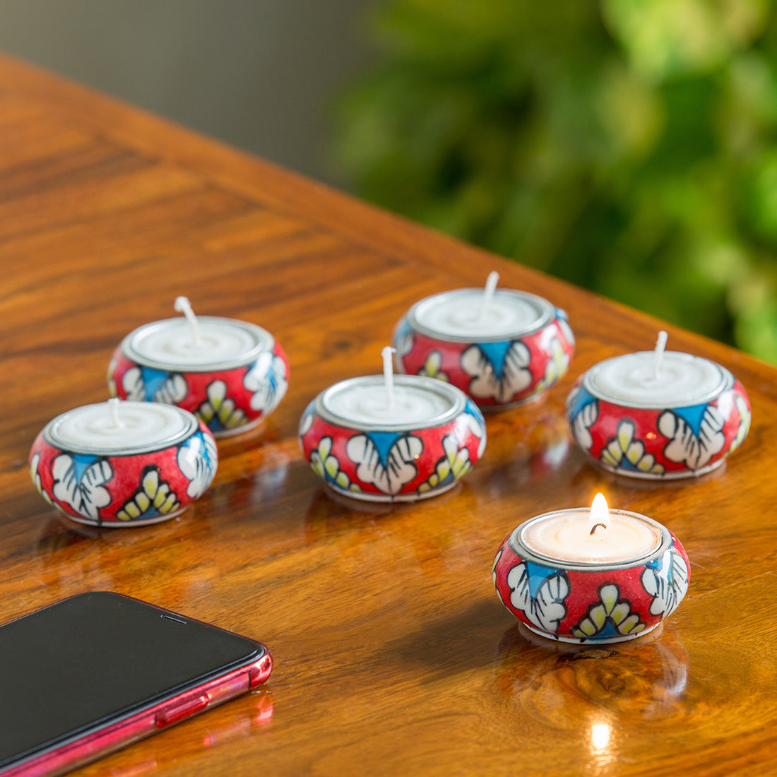 Shimmering Mughals' Floral Handpainted Tea Light Holders In Ceramic (Set of 6)