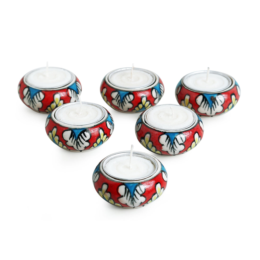 Shimmering Mughals' Floral Handpainted Tea Light Holders In Ceramic (Set of 6)