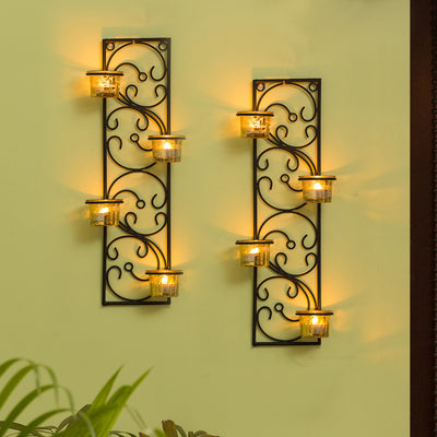 Glowing Vines' Handcrafted Wall Sconce Tea Light Holders In Iron with Glass Holders (Set of 2)