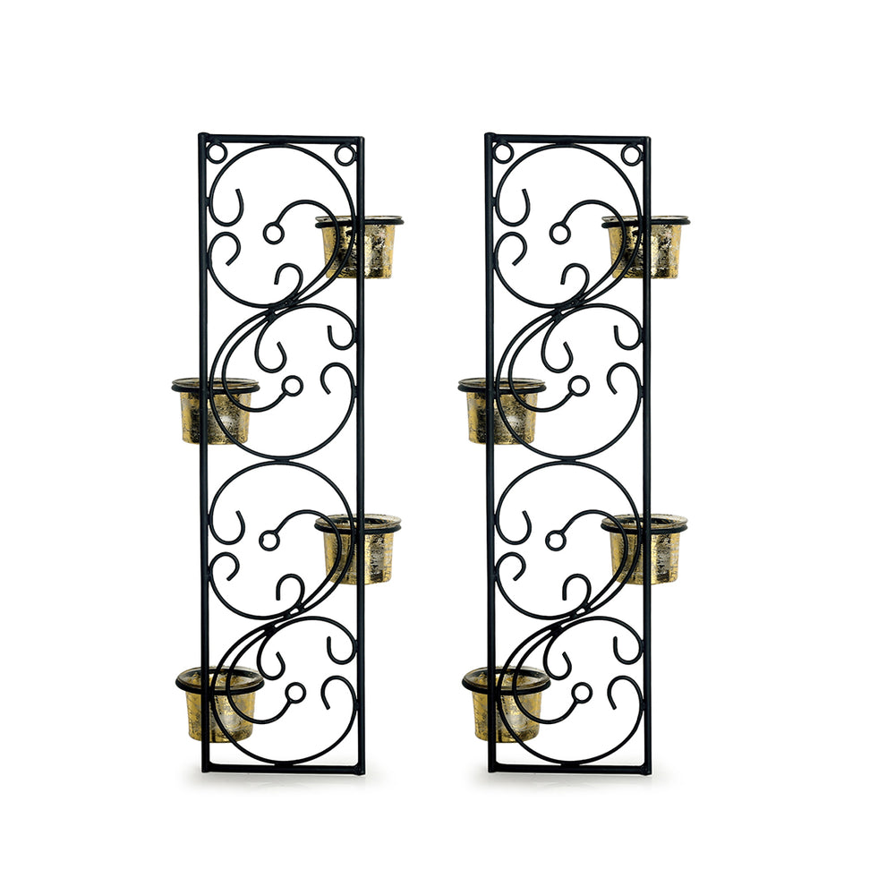 Glowing Vines' Handcrafted Wall Sconce Tea Light Holders In Iron with Glass Holders (Set of 2)