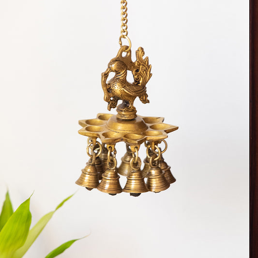 'Peacock Bliss' Hand-Etched Decorative Hanging Diya with Bell In Brass (9 Diyas & Bells)