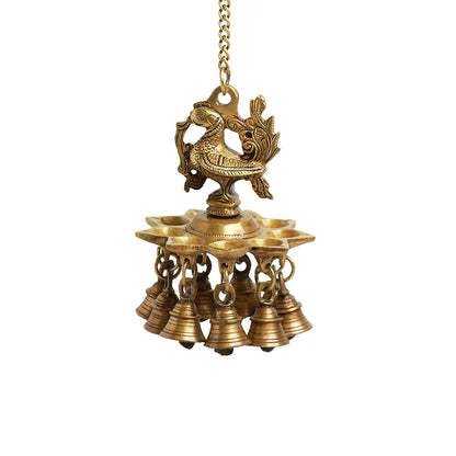 'Peacock Bliss' Hand-Etched Decorative Hanging Diya with Bell In Brass (9 Diyas & Bells)